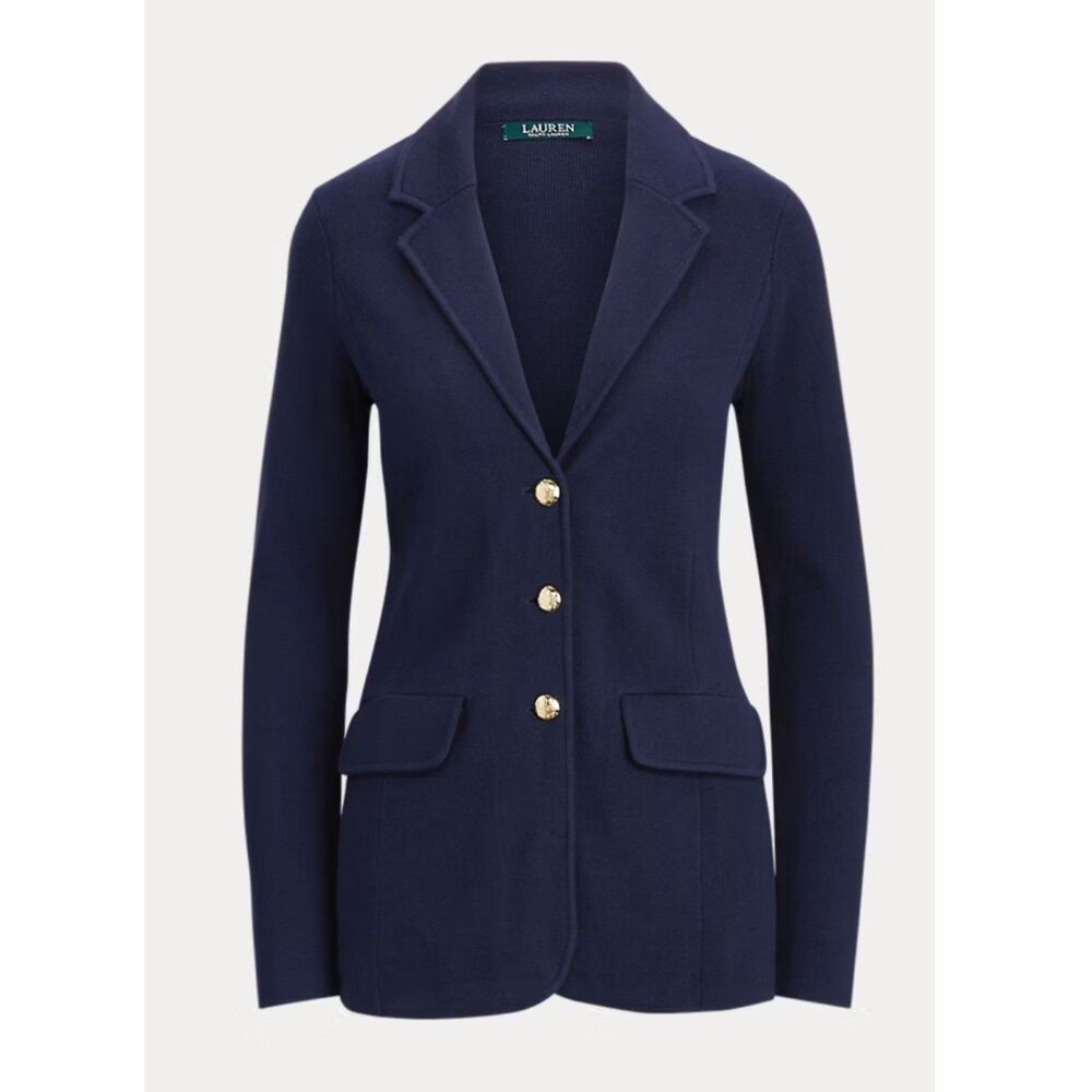 Lauren Ralph Lauren Navy Combed Cotton Sweater Blazer Women L Gold Crest Buttons